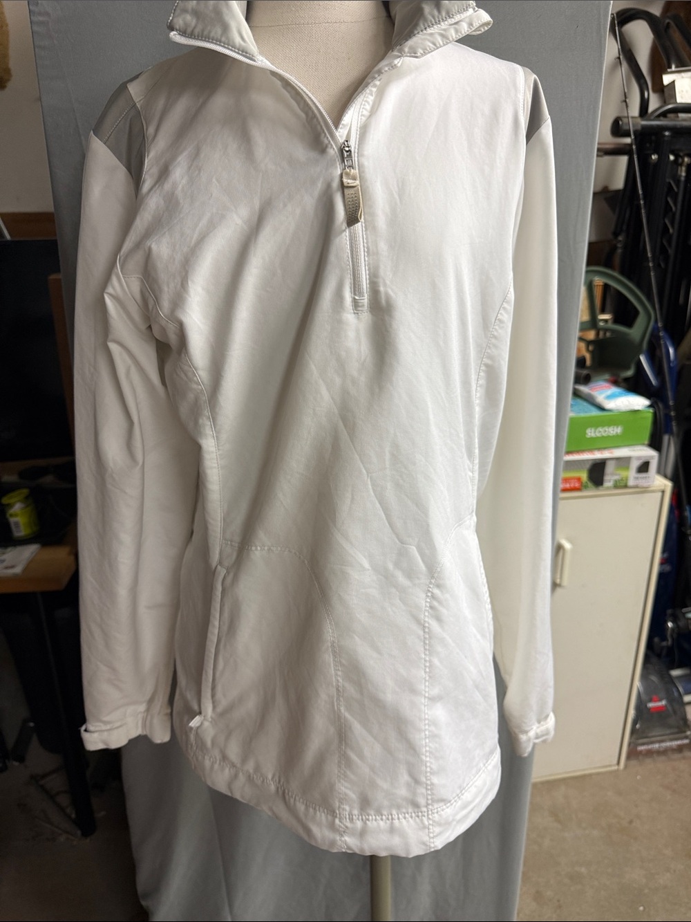 Nike White Half-Zip Pullover with Light Gray Accents pockets and adjustable hem